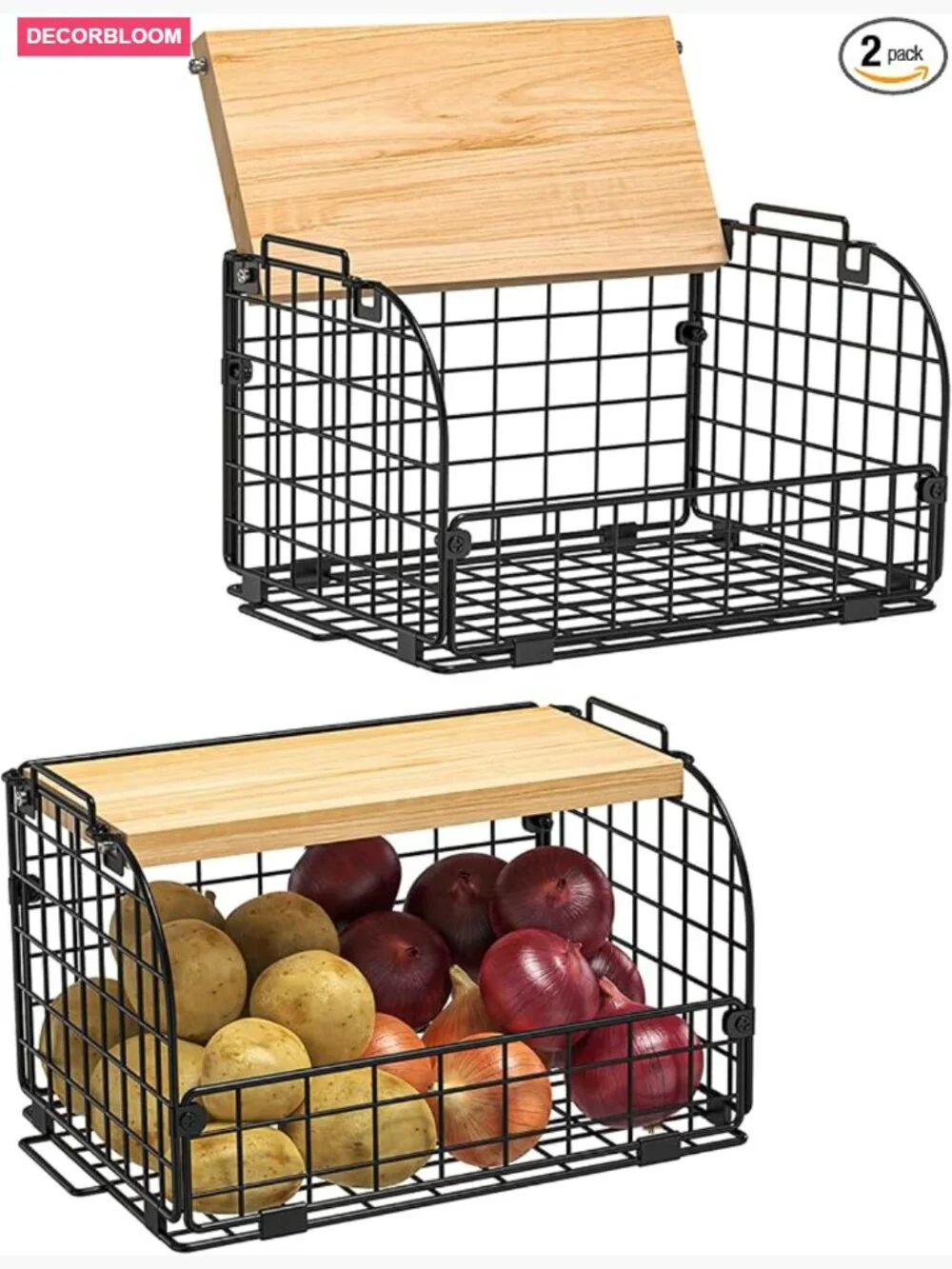 2-Stack Wire Basket with Bamboo Top - Kitchen Pantry Organizer